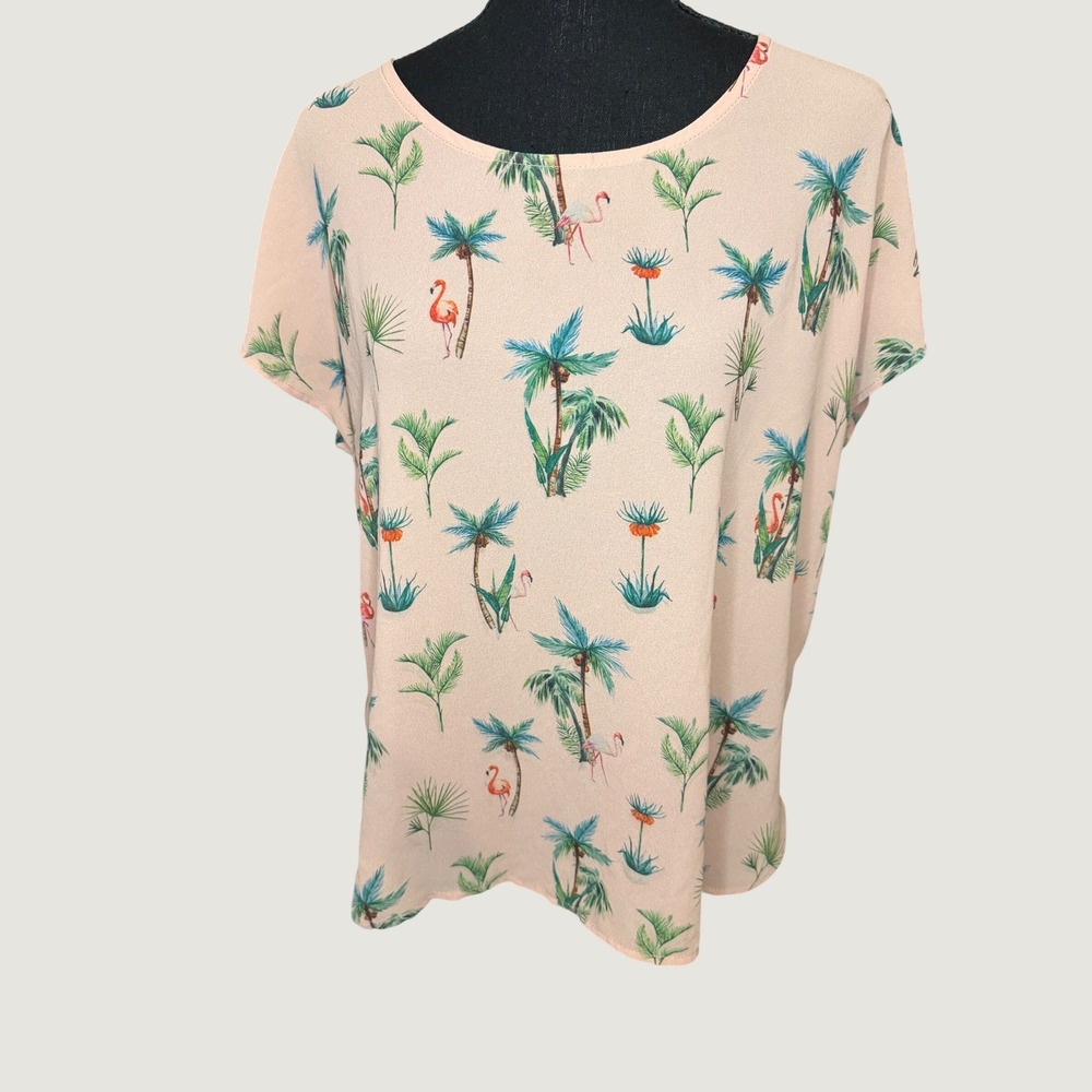Le Lis Womens Tropical Flamingo Palm Tree Print Blouse Peach Pink Size M